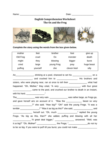 Reading Comprehension Worksheet "The Ox and the Frog" with the Answer key