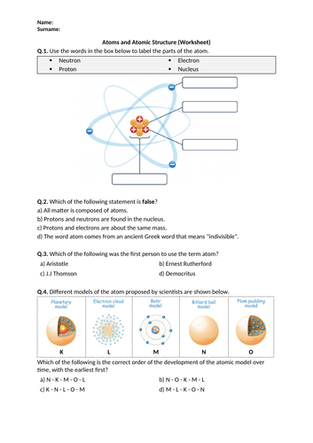 Atoms and Atomic Structure - Worksheet | Printable and Distance Learning