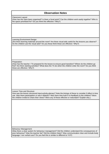 Trainee Teacher Structured Observation