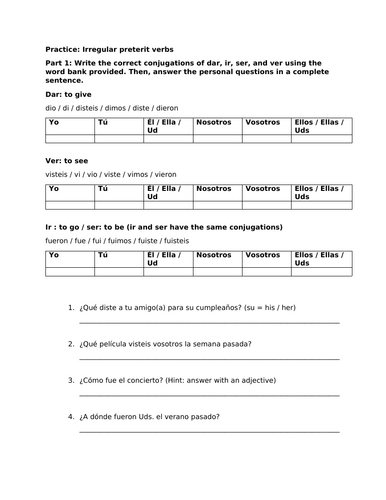 Irregular preterit all verbs practice Spanish