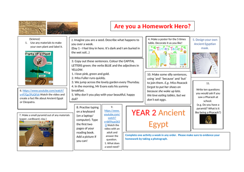 Homework Hero grid for Ancient Egypt - Maths, Art, English, Science activities