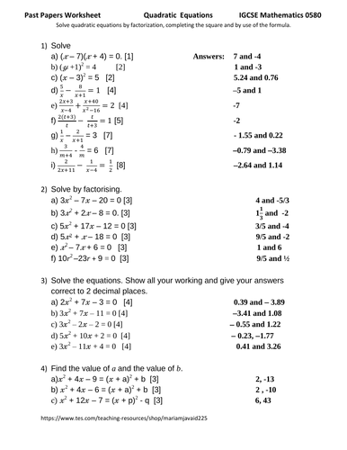 Quadratic Equation Solution Past Paper Worksheet Cambridge IGCSE Mathematics 0580