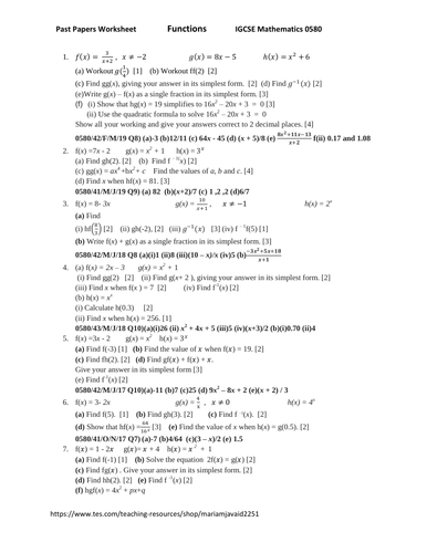 Functions Past Paper Worksheet Cambridge IGCSE Mathematics 0580 ...