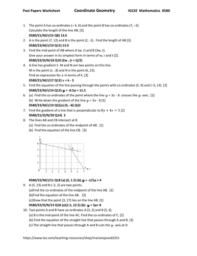 Coordinate Geometry Past Paper Worksheet Cambridge IGCSE Mathematics 0580
