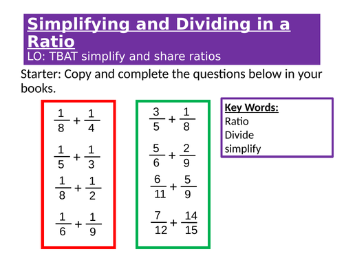 Simplifying and Sharing in a  Ratio Complete Lesson