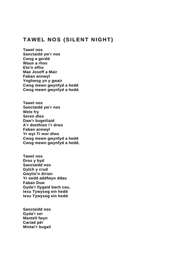 Gwasanaeth Nadolig Geiriau Carol Cymraeg Tawel Nos
