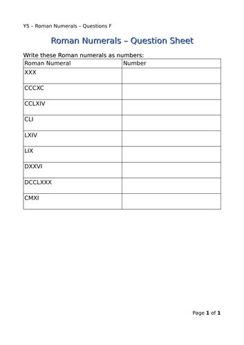 Y5 Maths - Roman Numerals (Free)