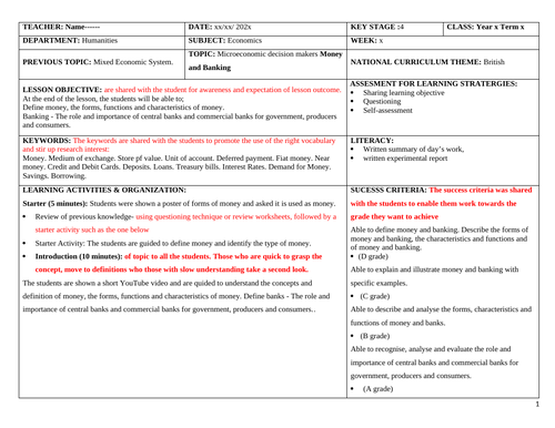 Lesson Plan on Microeconomic decision makers :Money and Banking