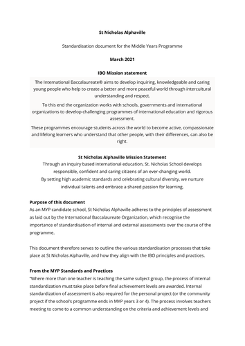 MYP Standardisation Framework - Sample