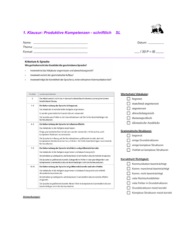 IB German B Paper 1 (SL) Assessment & feedback form (German)