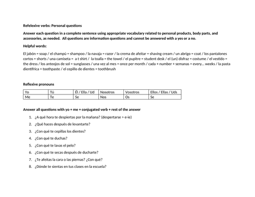 Daily routine reflexive verbs personal questions