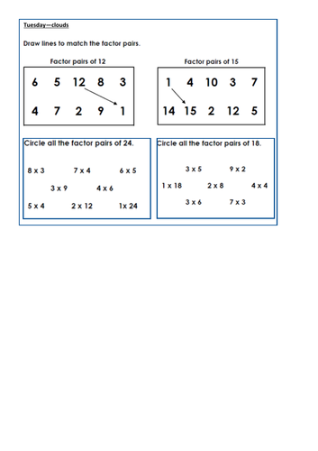 recognise and use factor pairs - worksheets and challenges - Y4 + Y5