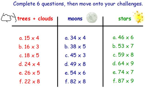 short multiplication - 2x1 digit - worksheets and challenges - Y4