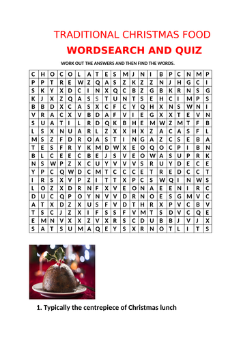 TRADITIONAL CHRISTMAS FOOD WORDSEARCH AND QUIZ