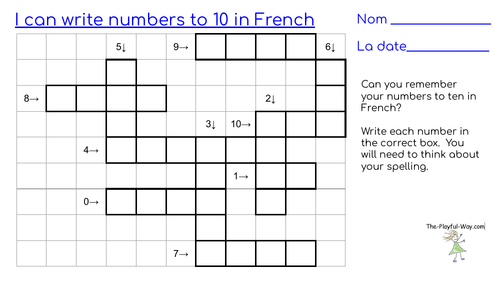 French numbers to ten crossword - beginners French