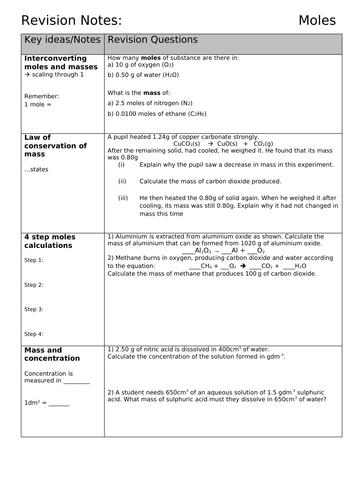 Moles Revision Calculations