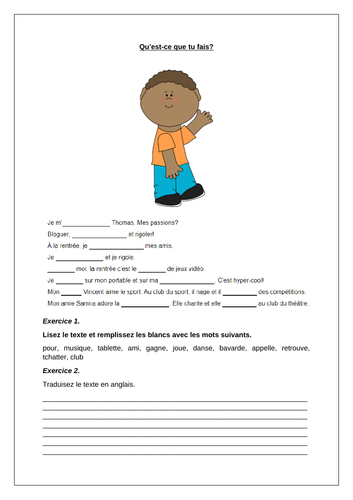 Dynamo 1 - Module 1 - Qu’est-ce que tu fais? - Page 19 - Gap-fill worksheet