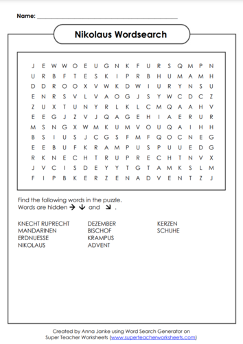 Nikolaus Wordsearch Inlcuding Solutions