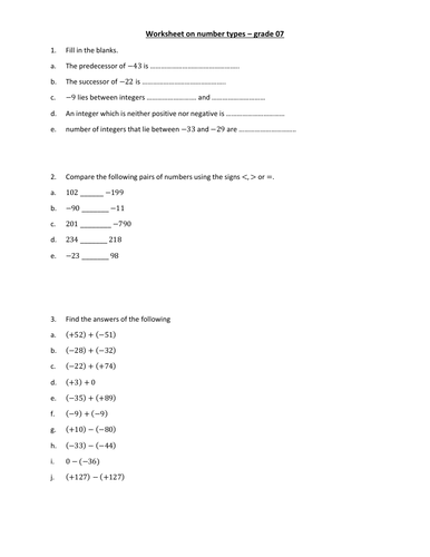 Worksheet on number types