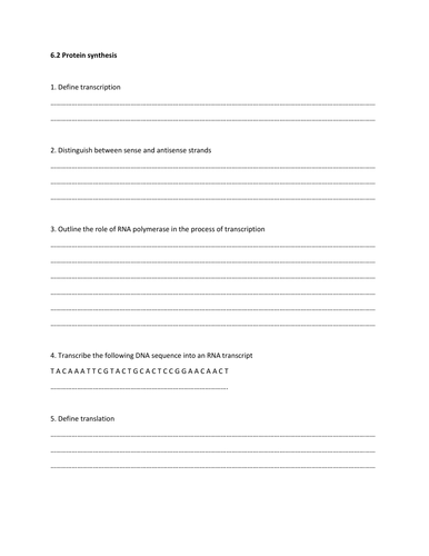 AS Biology-Topic 6-Protein synthesis- Worksheet and Mark scheme