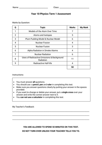 Y10 Physics Assessment: Atomic Structure & Radiation