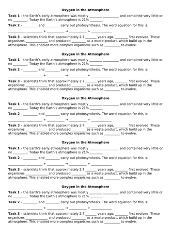 Oxygen in the atmosphere - atmospheric chemistry lesson and worksheet