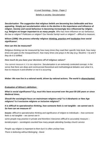 Secularisation Unit - A-Level Sociology