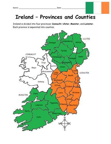 IRELAND Provinces and Counties Printable Introductory Worksheet