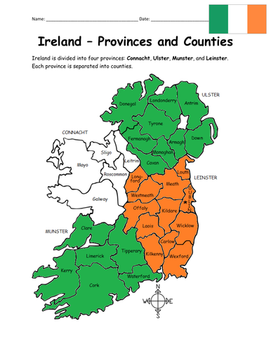 IRELAND - Provinces and Counties - Introductory Worksheet
