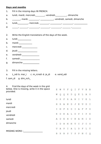 Year 7 Days and Months worksheet - French
