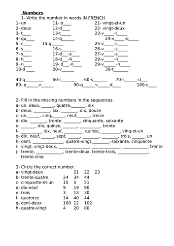 Year 7 Numbers worksheet- French