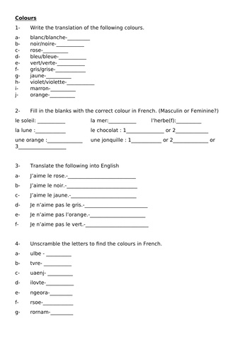 Year 7 worksheet - colours - French