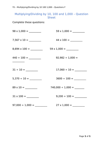 Y5 Maths - x and ÷ by 10/100/1000 (Free)