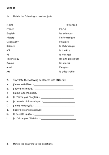 Y7 School worksheet - French