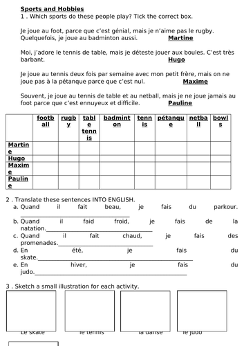 Year 7 - Sports and Hobbies worksheet - French