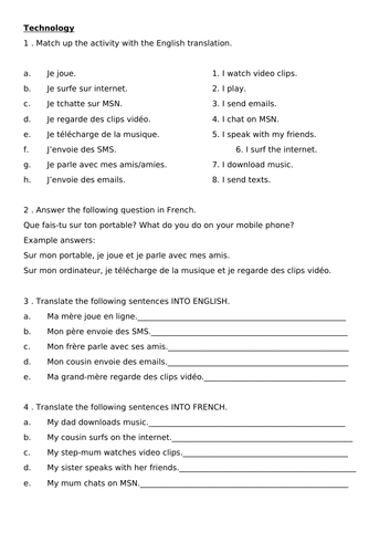 Year 7 Technology worksheet - French