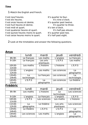 Year 7 Time Worksheet French Teaching Resources