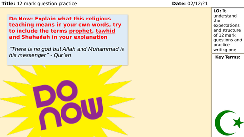 12 mark question practice lesson: Islamic Beliefs