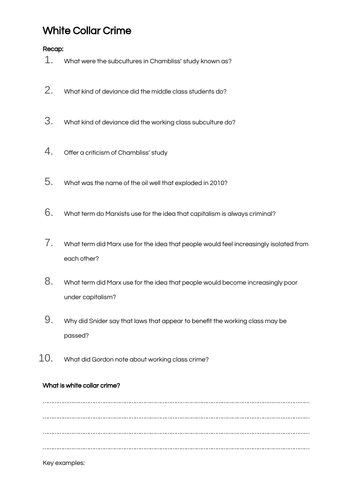 Sociology A-Level- Crime & Deviance- Marxism/White Collar Crime
