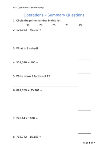 Y5 Maths - Operations - Mixed Questions