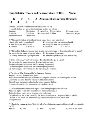 Grade 11 Chemistry Quiz Solutions, Solubility and Concentrations WITH ANSWERS
