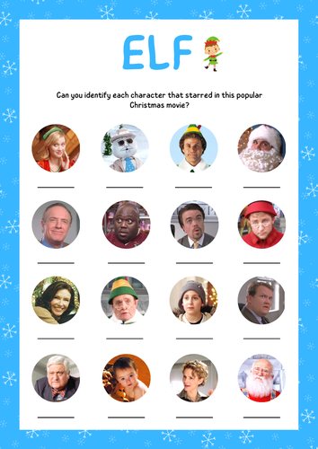 Elf Christmas Movie Character Quiz.  Game Sheet and Answers. Buddy & Co