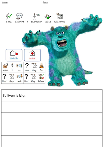LI: I can describe a character using adjectives - 2 worksheets - 8 characters