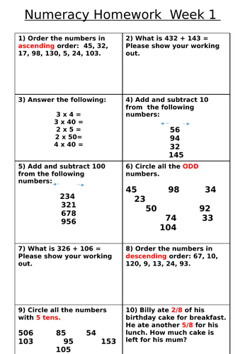LKS2 Maths Homework 13 weeks - Spring Term