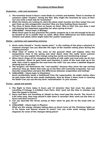 The science of home alone - a worksheet to go with the film Home Alone (key stage 3)