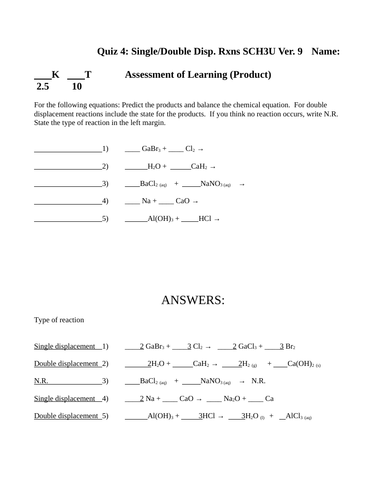 Grade 11 Chemistry Quiz Single Displacement and Double Displacement Reactions Quiz WITH ANSWERS #9