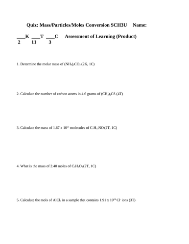 Quiz Converting Between Moles, Mass & Particles Quiz Grade 11 Chemistry Quiz WITH ANSWERS #9