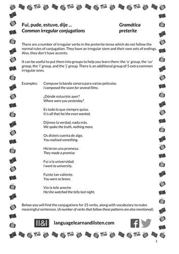 Spanish - common irregular preterite conjugations - Fui, pude, estuve, dije ...