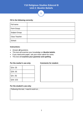 GCSE Religious Studies - Muslim Beliefs Exam Q's