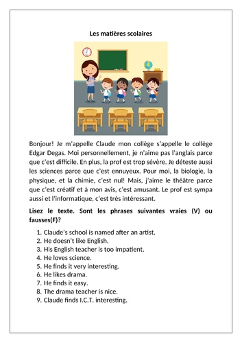 Dynamo 1 - Module 2 - Qu’est-ce que tu penses de tes matières? - Page 37 - Reading worksheet